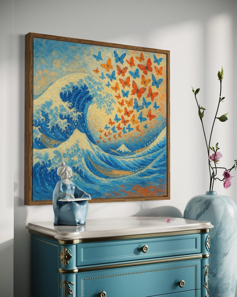 Painterly ocean wave in blue with scattered orange and blue butterflies on a pale background