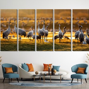 Wildtier Wandkunst - Kranich Vögel Leinwanddruck, 5-Panel Sonnenaufgang Druck am Hornborgasjön, Schweden Natur Wanddekor, Kranich Fine Art Print