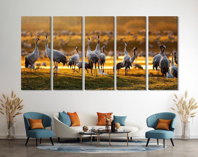 Wildlife Wall Art - Crane Birds Canvas Print, 5-Panel Sunrise Print at Hornborgasjön, Sweden Nature Wall Decor, Crane Fine Art Print