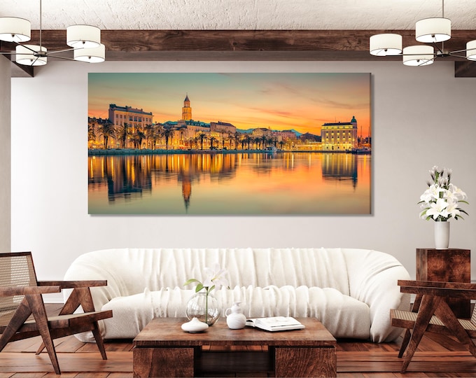 Split Croatia Cityscape Wall Art, Sunset Canvas Print, Coastal City Decor, Modern 5 Panel Artwork, Mediterranean Landscape Canvas Art Print