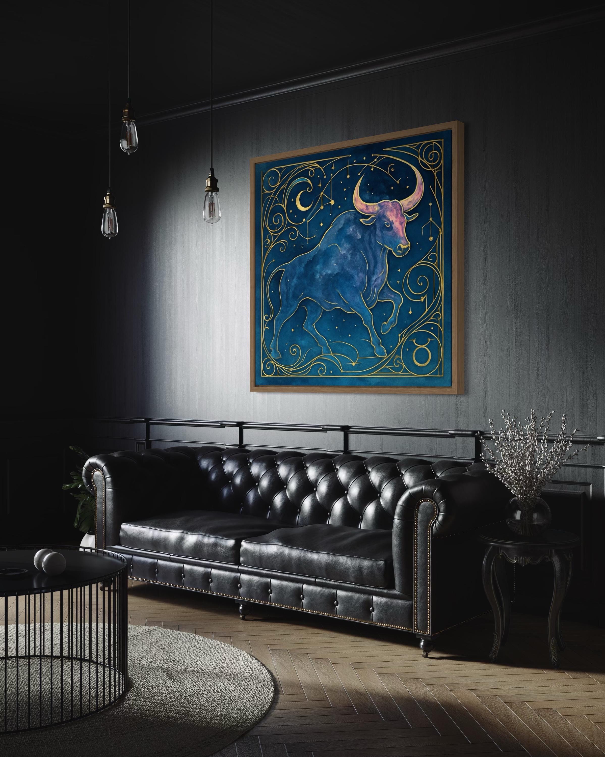Stylised blue bull beneath a crescent moon with star dots, constellation lines, and ornate gold swirls detail view