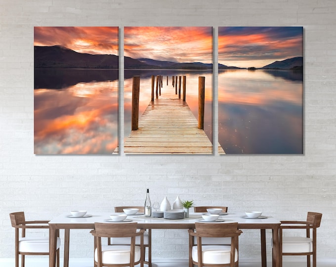 Lake District Jetty Canvas Print, Derwent Water Sunset Wall Art, Large 3 Panel Landscape, England Lake Scene Artwork, Scenic Nature Canvas