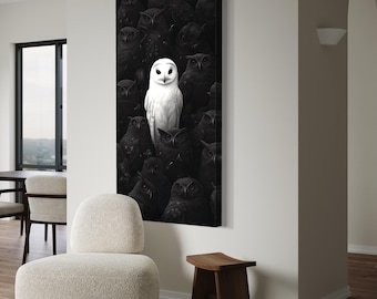 White Owl Canvas Art - Black & White Owl Wall Art, Modern Owl Art Print for Contemporary Interior Decor, Owl Lover Gift for Home Decor