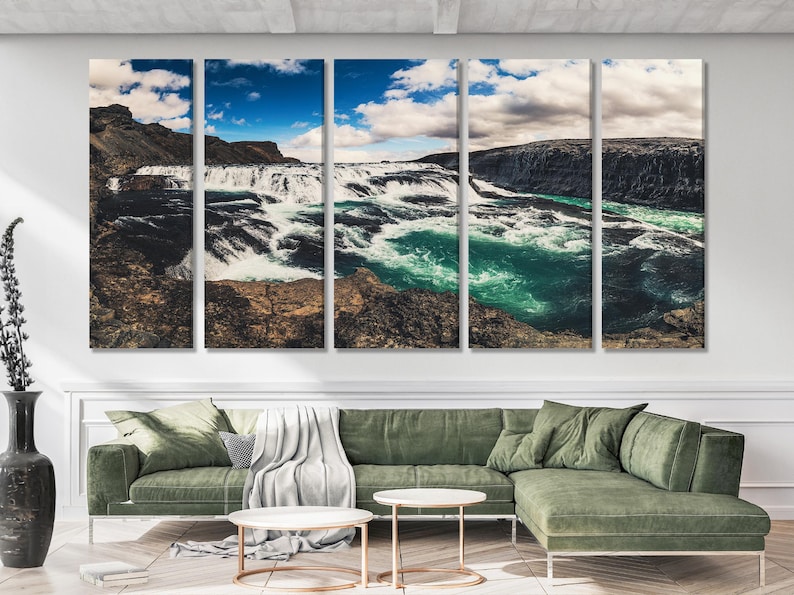 Five-panel waterfall landscape artwork with white cascades, dark canyon rocks and green-blue river water
