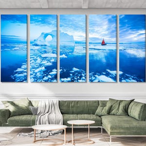 Grönland Wandkunst - Eisberg Leinwanddruck, Arktischer Ozean Wandkunst, Große 5 Panel Eislandschaft, Grönland Leinwandkunst, Eisberg Leinwandkunst