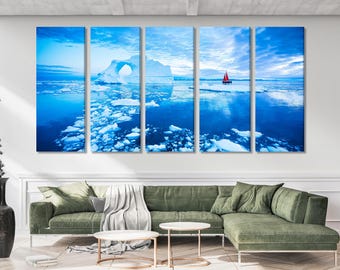 Arte murale della Groenlandia - Stampa su tela di iceberg, Arte murale dell'oceano artico, Grande arte del paesaggio di ghiaccio a 5 pannelli, Arte su tela della Groenlandia, Arte su tela di iceberg