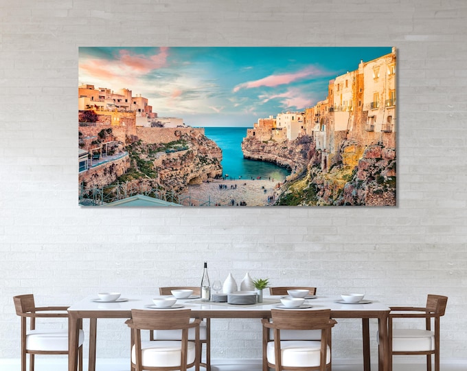 Polignano a Mare Canvas Print, Italian Coastal Wall Art, Puglia Seascape Artwork, Adriatic Sea Decor, Historic Cliffside Town Scene