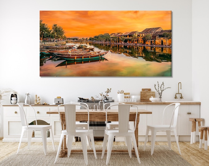 Hoi An Vietnam Wall Art, Sunset River Canvas Print, Asian Landscape Decor, Modern 3 Panel Artwork, Traditional Boat Scene Canvas Art Print
