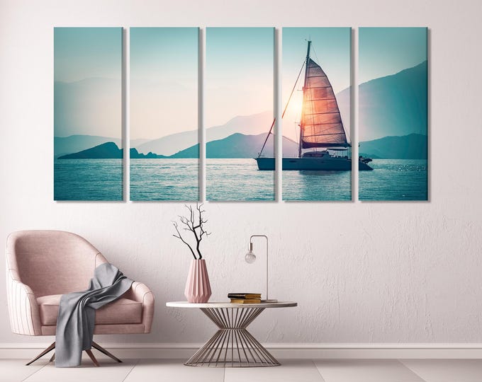 Sailboat at Sunset Canvas Print – XXL Nautical Wall Art, Scenic Seascape with Mountain Backdrop, Coastal Decor for Living Room