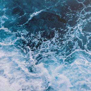 Close-up detail of turquoise ocean waves showing intricate foam patterns and textured canvas, creating a dynamic sea-inspired artwork.