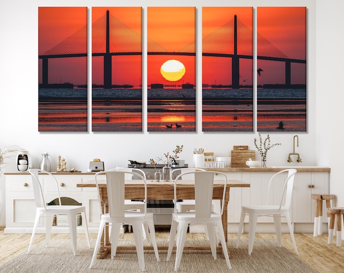 Sunshine Skyway Bridge Canvas Print, Tampa Bay Wall Art, Stunning Sunrise Over Water Artwork, Oversized Bridge Canvas for Home Wall Decor
