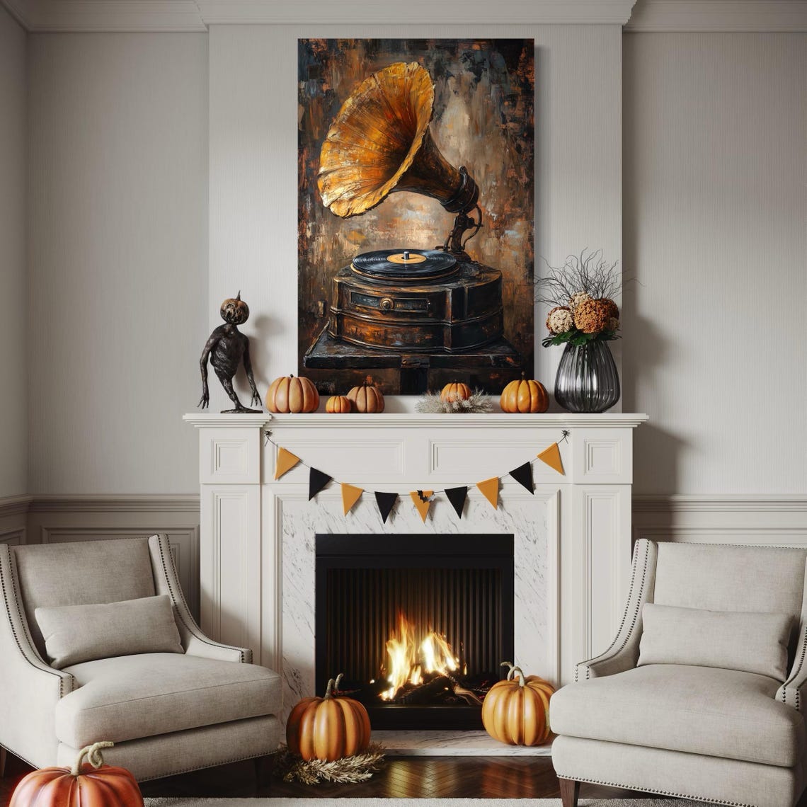 A room mockup showing a vintage gramophone wall artwork above a table and chairs
