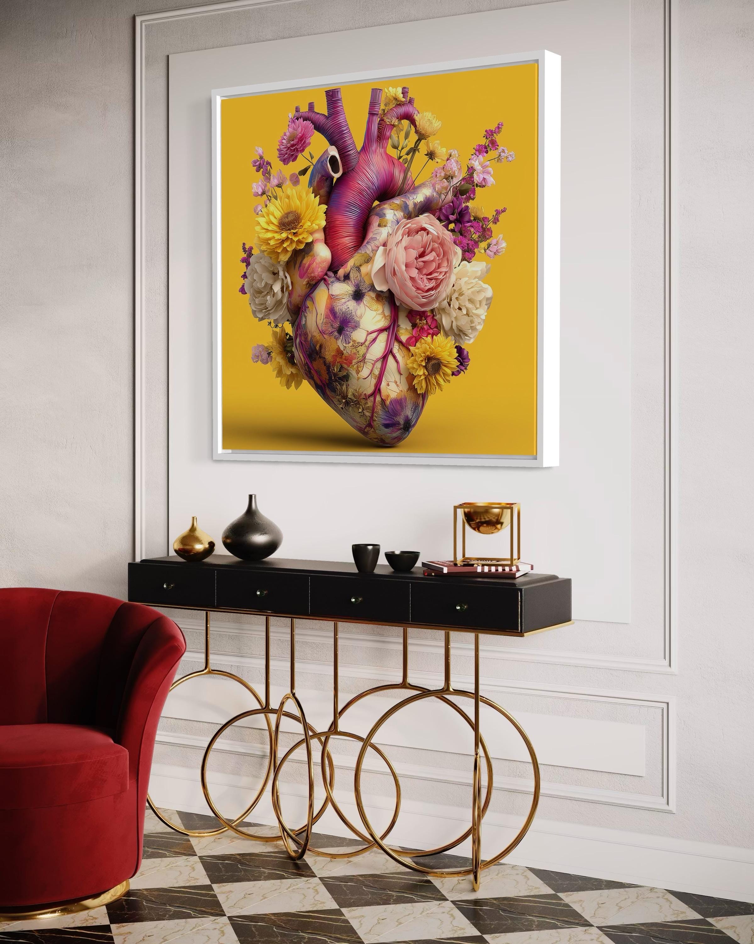 Room mockup showing a yellow floral heart artwork hung on a blue wall above a desk
