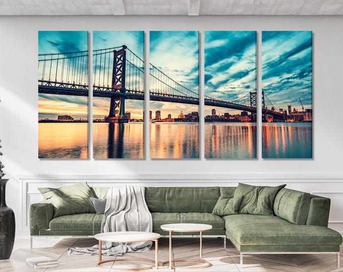 Large Ben Franklin Bridge Canvas Print, Philadelphia Skyline Wall Art, Large Sunset Cityscape Artwork, Large Bridge Canvas for Office Decor