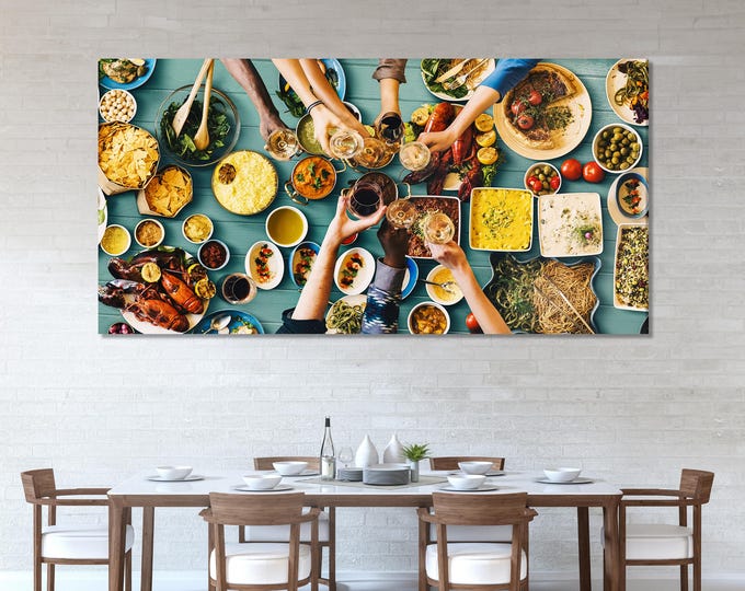 Vibrant Feast Canvas Print, Large Dining Room Wall Art, Food Celebration Artwork, Colorful Art Print, Culinary Wall Decor for Kitchen