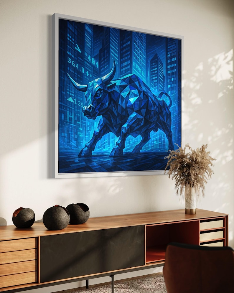 A geometric blue bull stands in a stylised city canyon, its facets catching bright cyan highlights against deep navy buildings and street markings