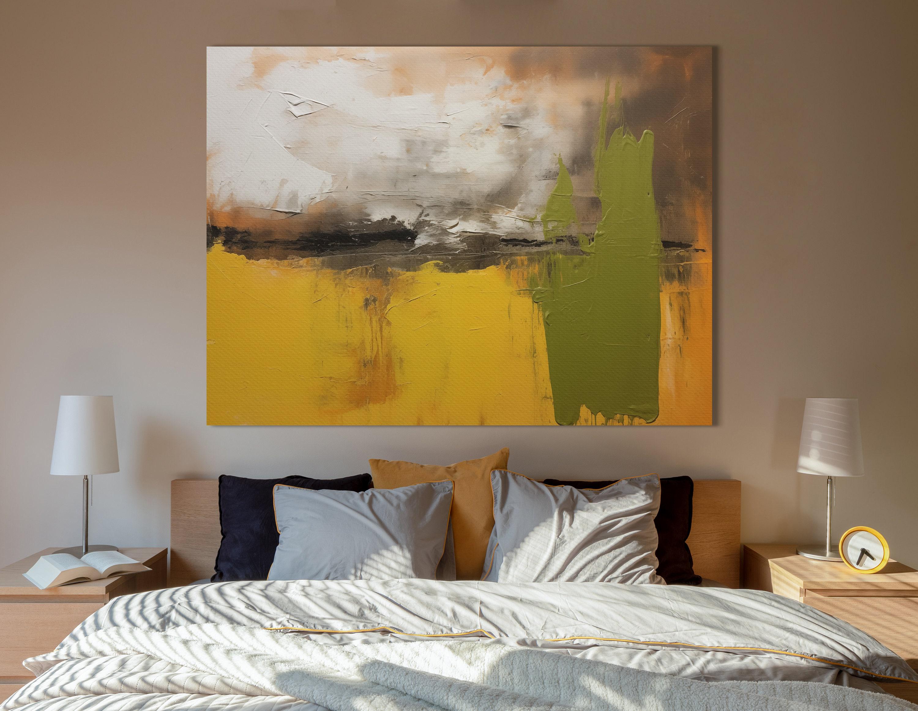 Abstract painting in mustard yellow, olive green, cream and dark charcoal with textured brush marks detail view