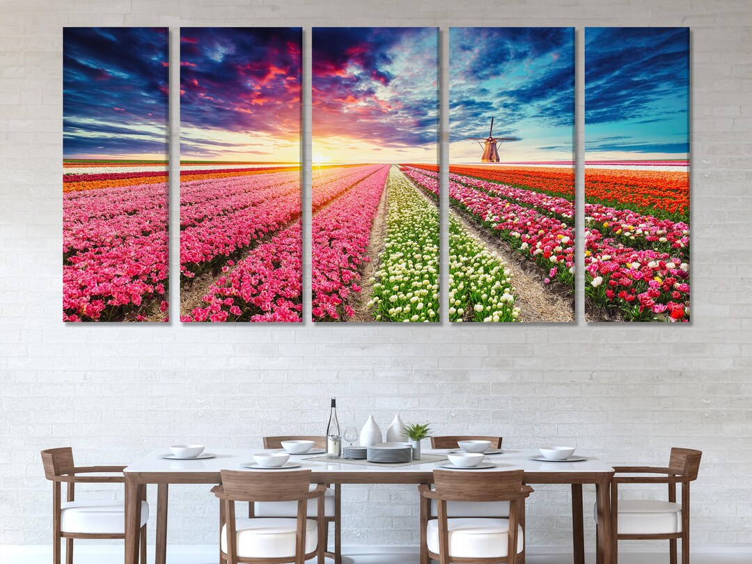 Tulip Field Sunset Canvas Print – Vibrant Flower Landscape Wall Art ...