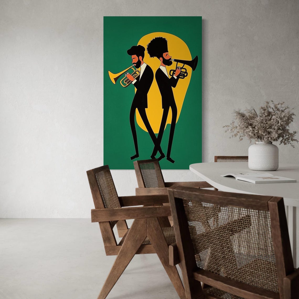 Two stylised men playing trumpets in black silhouettes on a green background with a yellow sun arc detail view