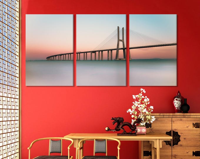 Vasco da Gama Bridge Canvas Print, Large Lisbon Wall Art, Minimalist Sunset Landscape, Modern European Architecture Artwork, Coastal Canvas