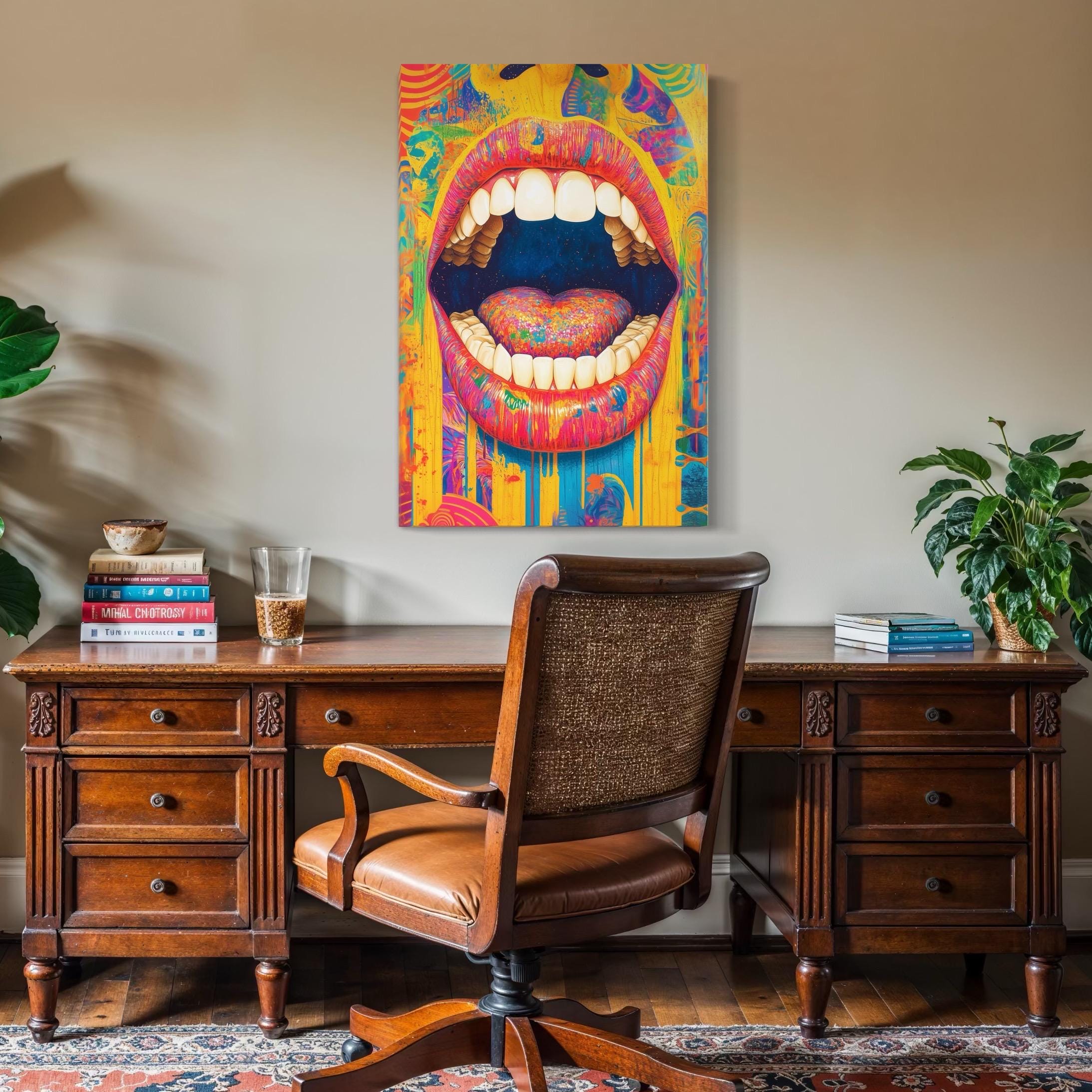Room mockup showing a colourful open mouth and heart artwork on a wall above a sofa