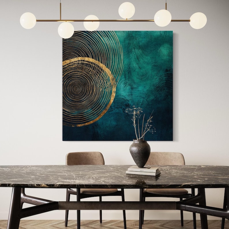 Abstract emerald teal design with concentric tree-ring lines in deep navy and gold accents, plus a small sprig