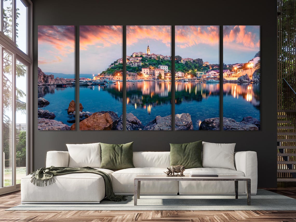 Living room mockup with a multi-panel harbour seascape artwork above a green sofa