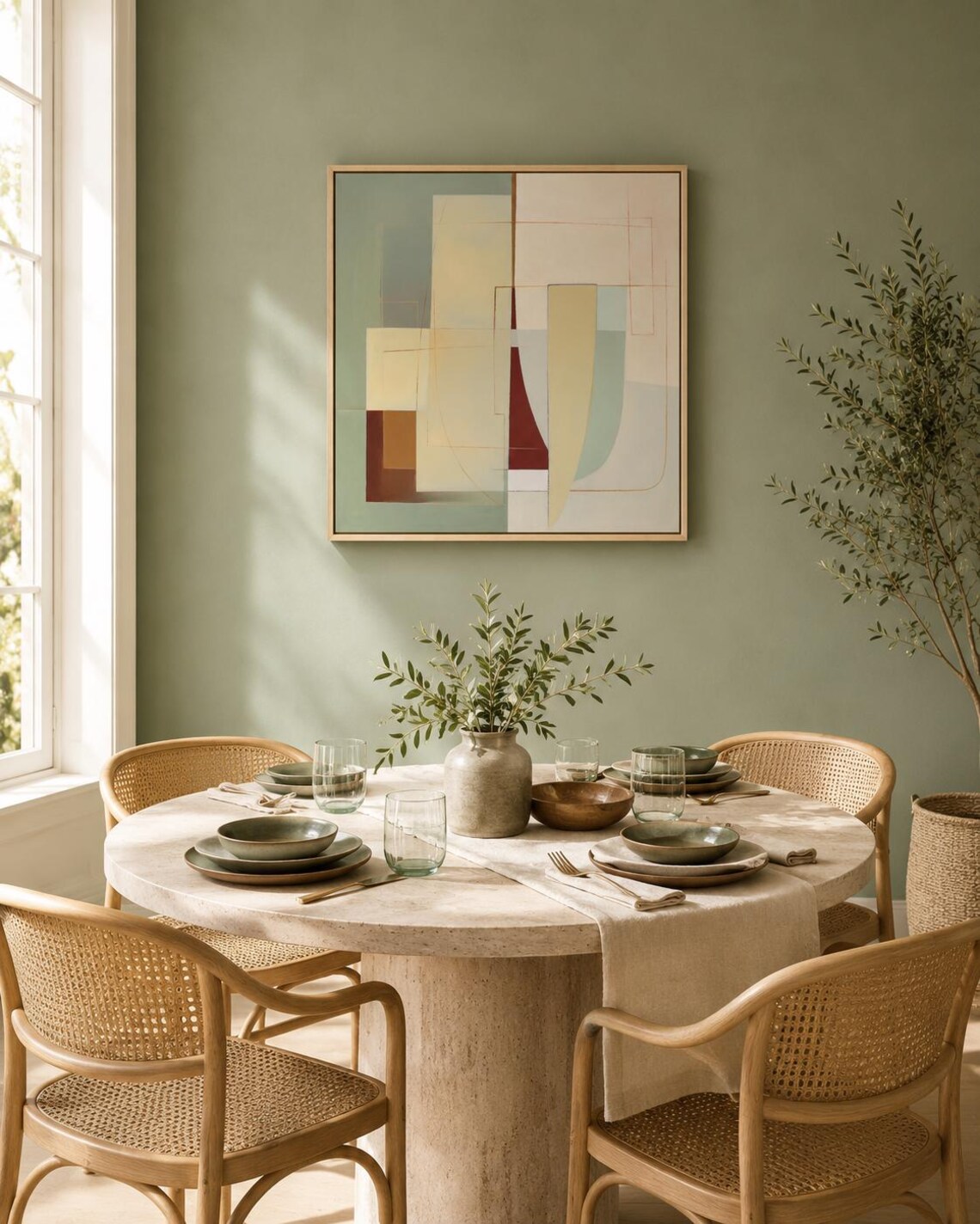 A framed abstract geometric composition combines muted sage and terracotta blocks with cream and burgundy lines in a balanced, mid-century style