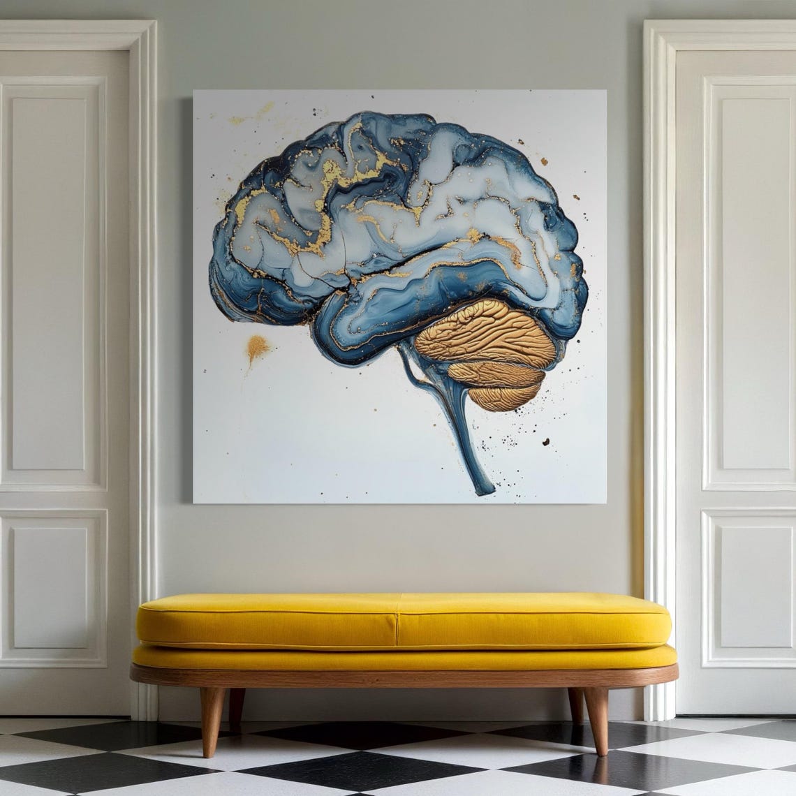 Room mockup showing a blue and gold brain anatomy artwork above two chairs