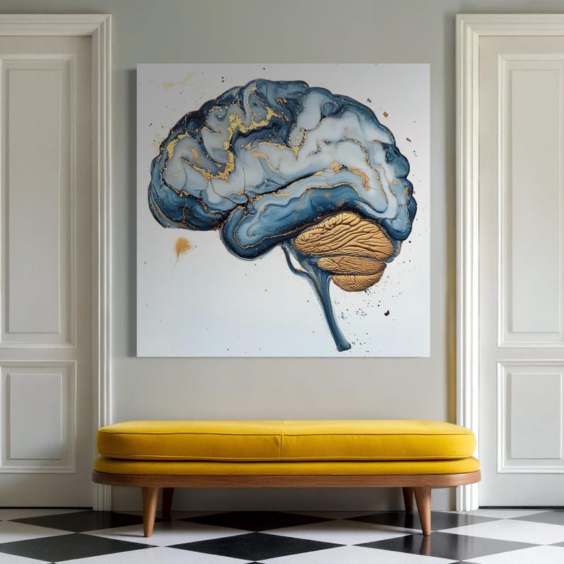May include: A blue and gold abstract painting of a brain. The brain is painted in a realistic style with detailed folds and ridges. The background is white.