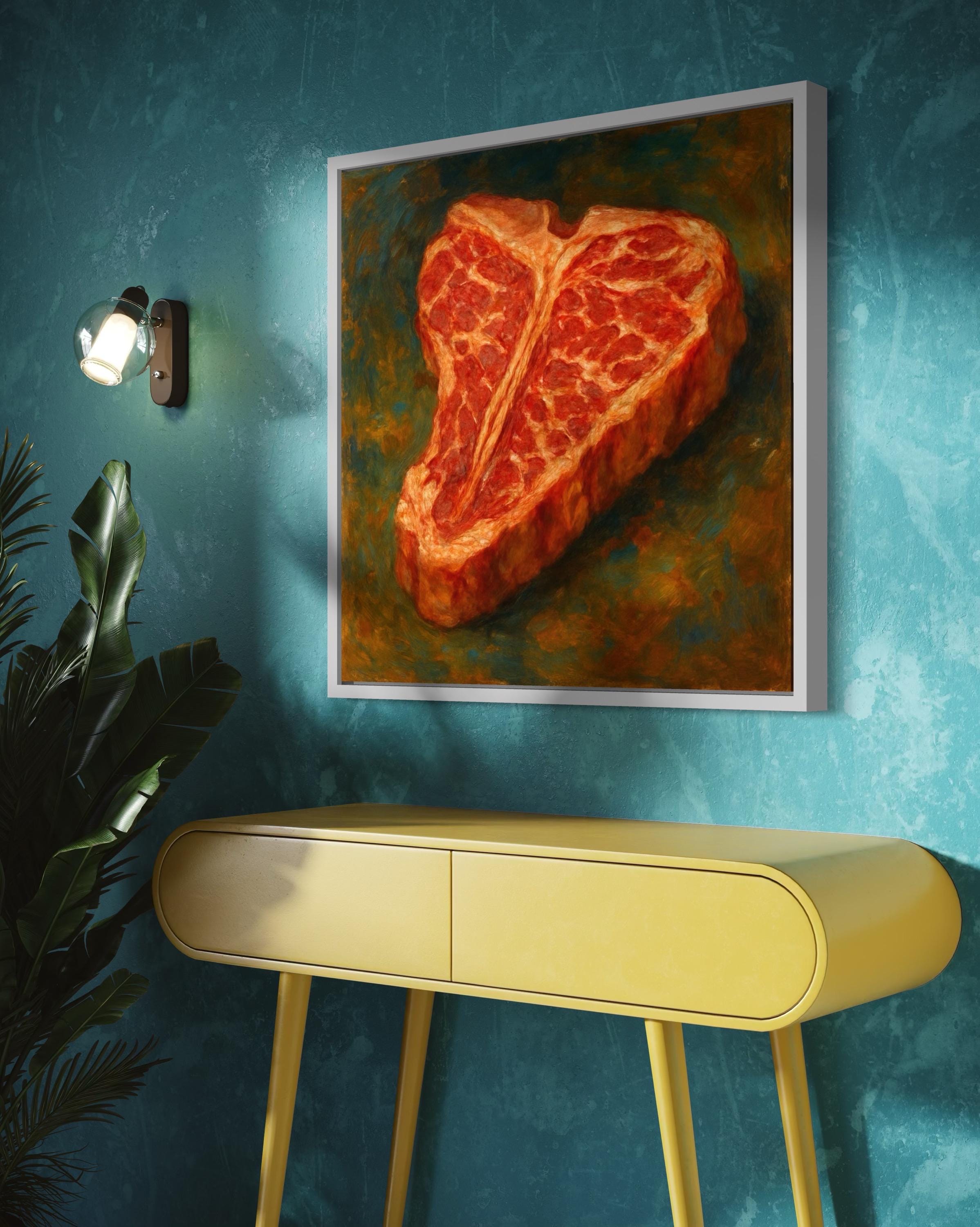 Painterly red-orange t-bone steak with marbled texture against a mottled green background detail view