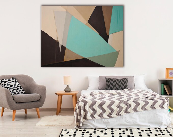 Geometric Canvas Wall Art, Abstract Triptych Painting, Minimalist Home Decor, Extra Large Canvas Print, Teal Beige Black Artwork, Gift Idea