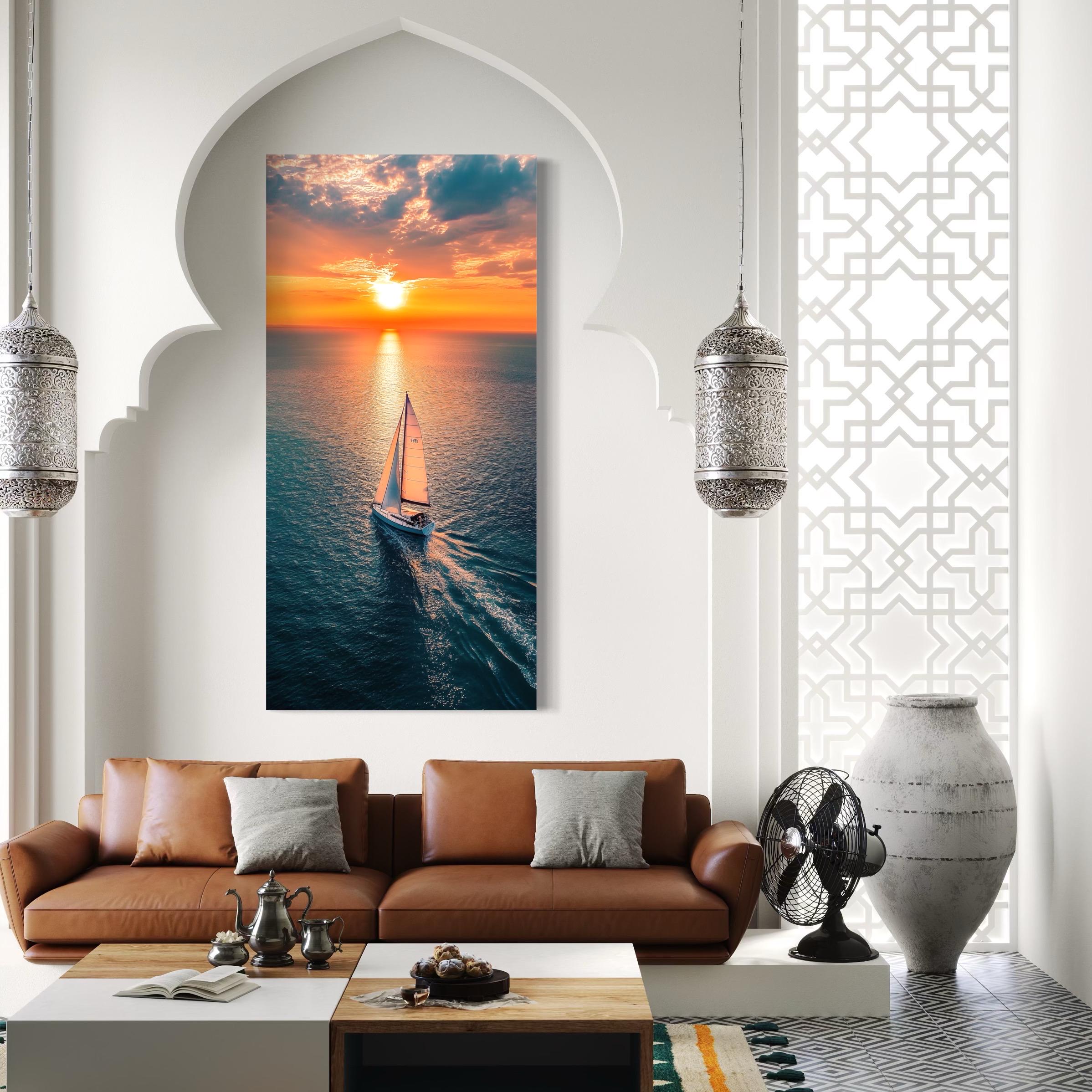 Lone sailboat on ocean water at sunset with bright sun, clouds, and golden reflections detail view