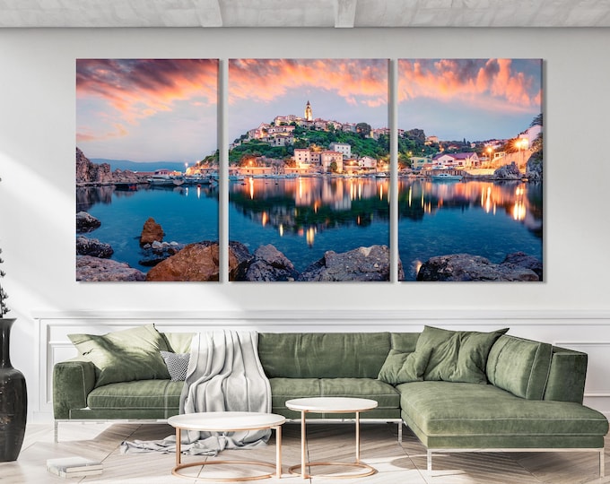 Vrbnik Town Evening Canvas Print – Stunning Adriatic Seascape Wall Art, Krk Island Landscape, Mediterranean Decor for Living Room