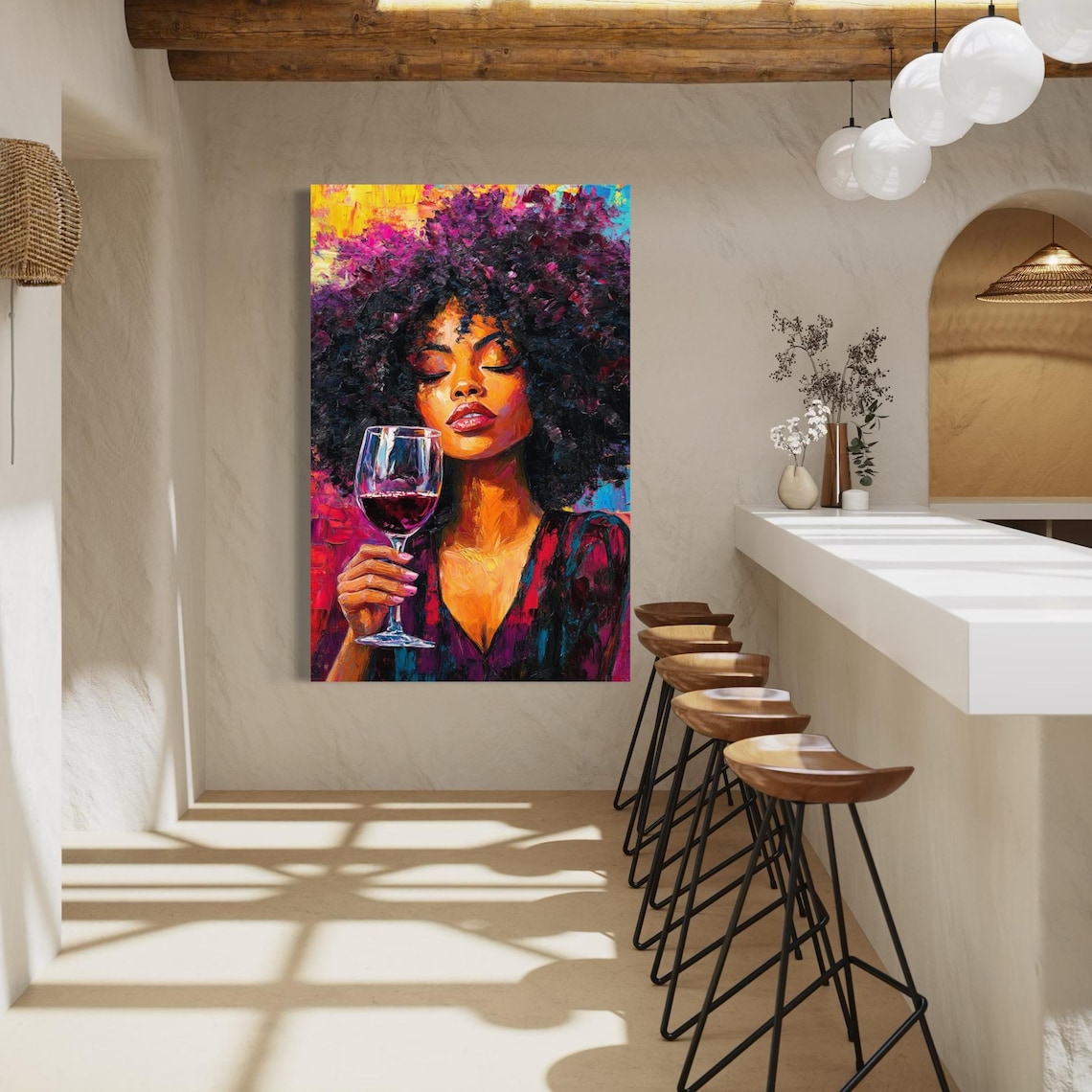 Room mockup showing a framed portrait of a woman holding a wine glass above a bar with bottles and glasses