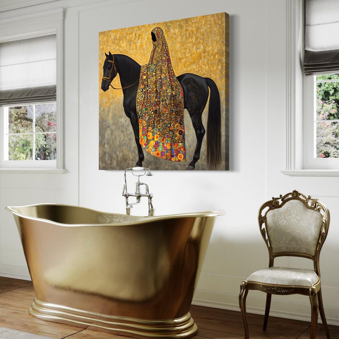 Stylised black horse portrait with a hooded figure and a bright patterned robe against a gold mottled background detail view