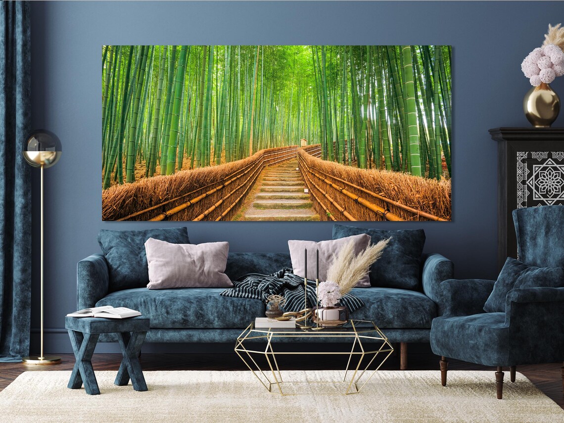 Room mockup with a nature bamboo forest artwork above a sofa