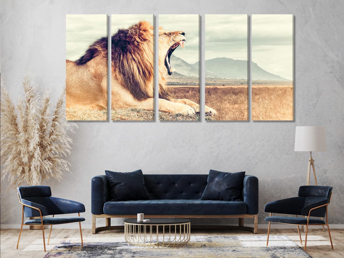 Triptych of a roaring lion close-up, another roaring lion panel, and a savannah landscape with distant mountains detail view