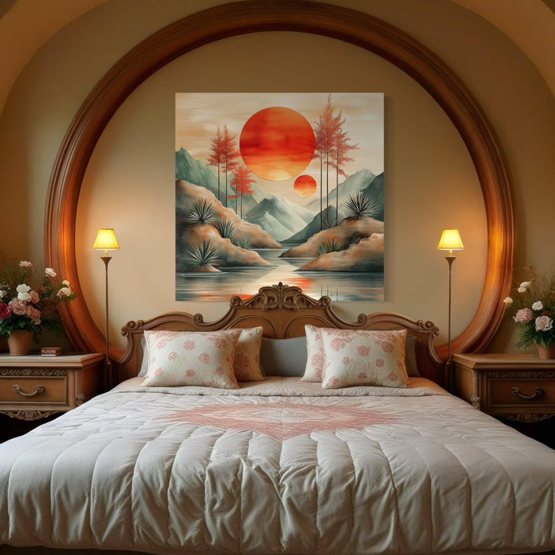 Stylised mountain valley landscape with red and orange sunset circles, tall trees and a reflective river