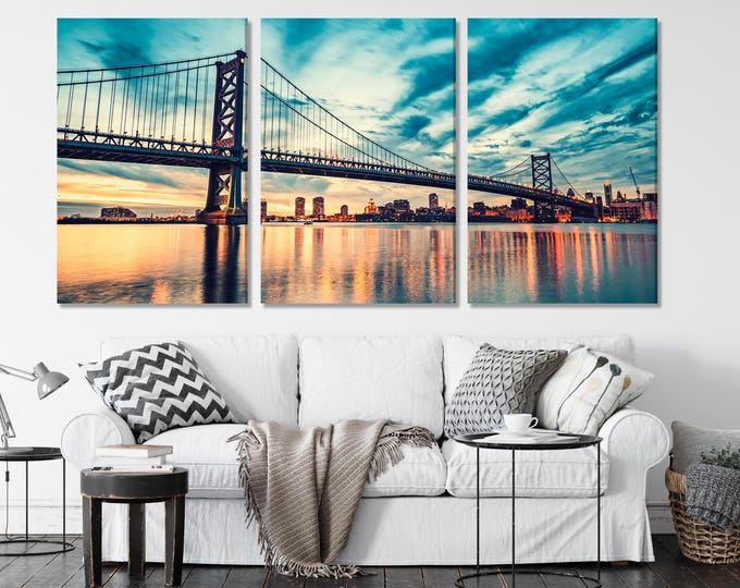 Large Ben Franklin Bridge Canvas Print, Philadelphia Skyline Wall Art, Large Sunset Cityscape Artwork, Large Bridge Canvas for Office Decor