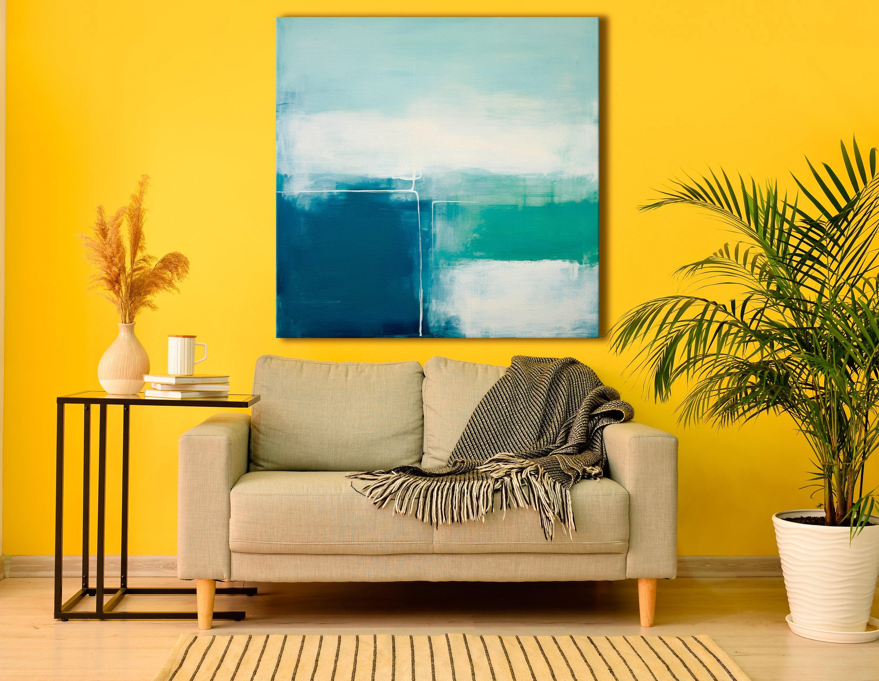 Teal and seafoam abstract artwork with faint geometric linework detail view