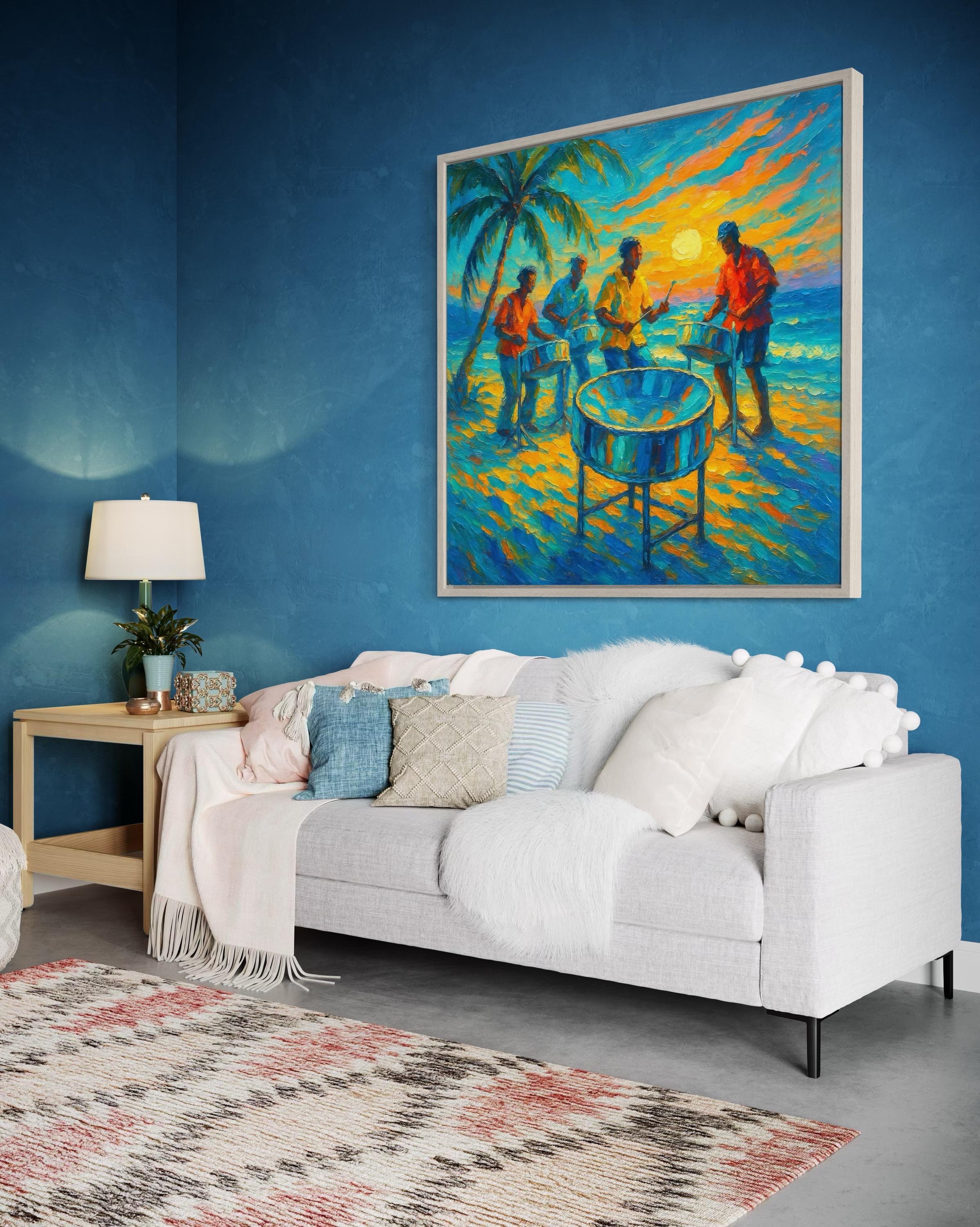 Vibrant painting of musicians playing a steel drum with palm trees and a sunset sky