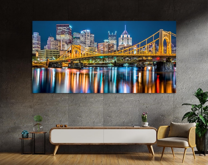 Large Rachel Carson Bridge Canvas Print, Pittsburgh Skyline Wall Art, Night Cityscape Artwork, Allegheny River Canvas for Modern Home Decor