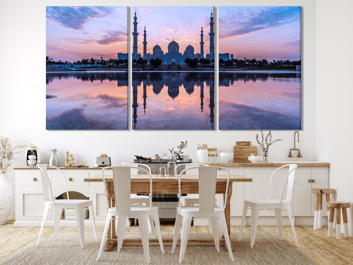 Room mockup showing a large twilight mosque artwork above a sofa