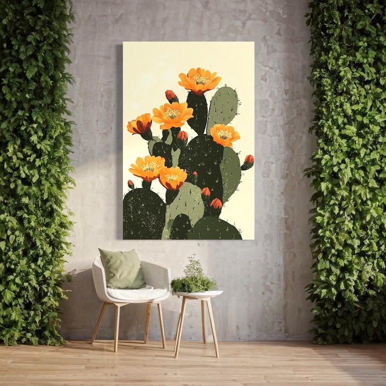 Retro prickly pear cactus illustration with deep green pads and bright orange blossoms on a cream background