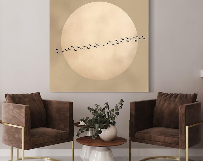 Japandi Moon Wall Art - Flying Flock of Birds Canvas Print, Feng Shui Neutral Decor, Japanese Sun Art, Large Living Room Oriental Wall Decor