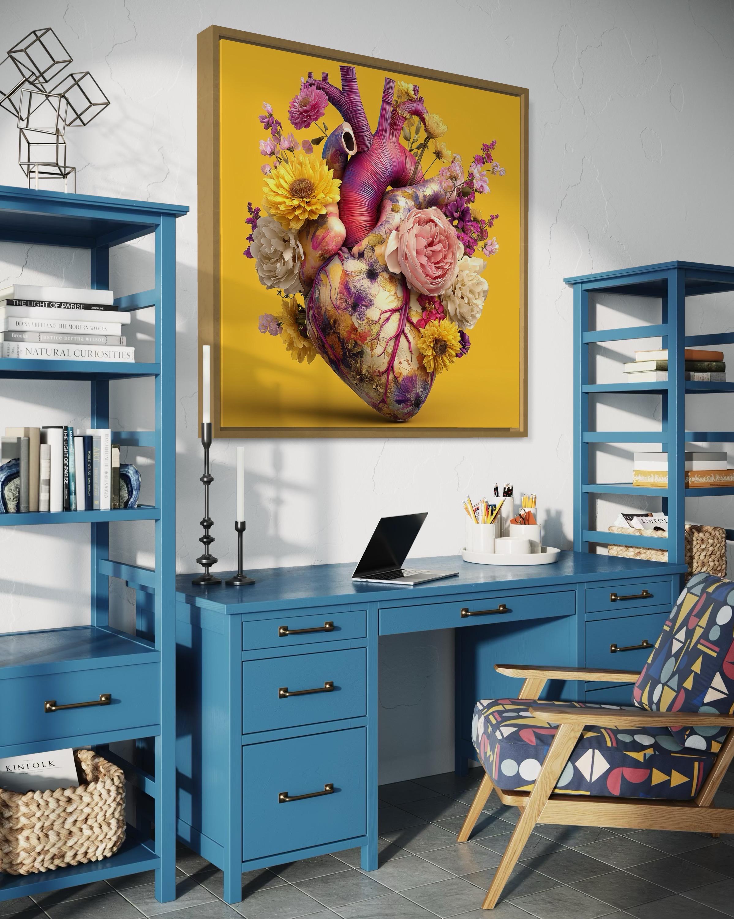 Room mockup showing a yellow floral heart artwork hung on a blue wall above a desk