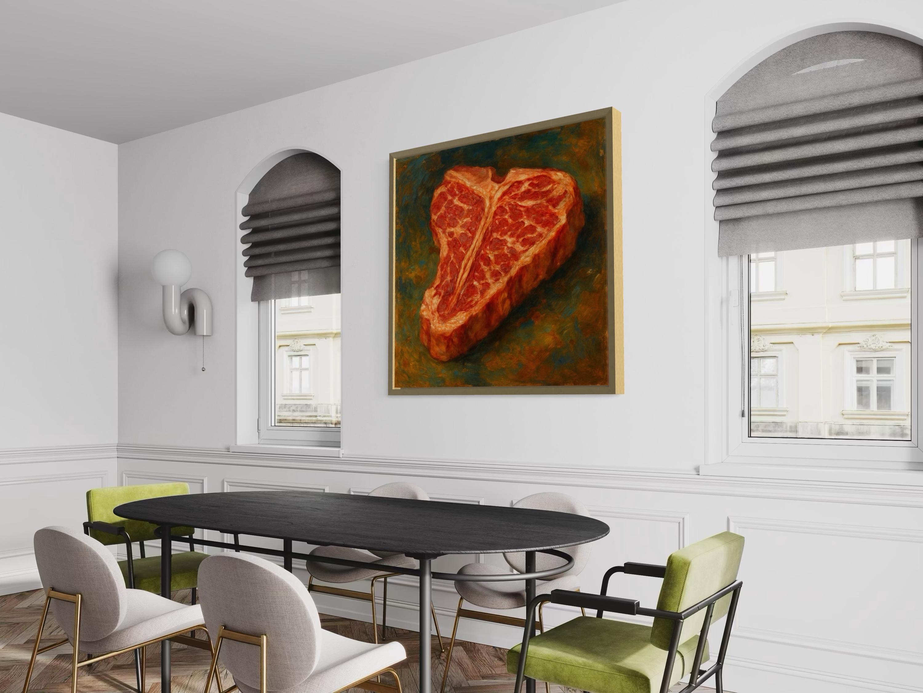 Painterly red-orange t-bone steak with marbled texture against a mottled green background detail view