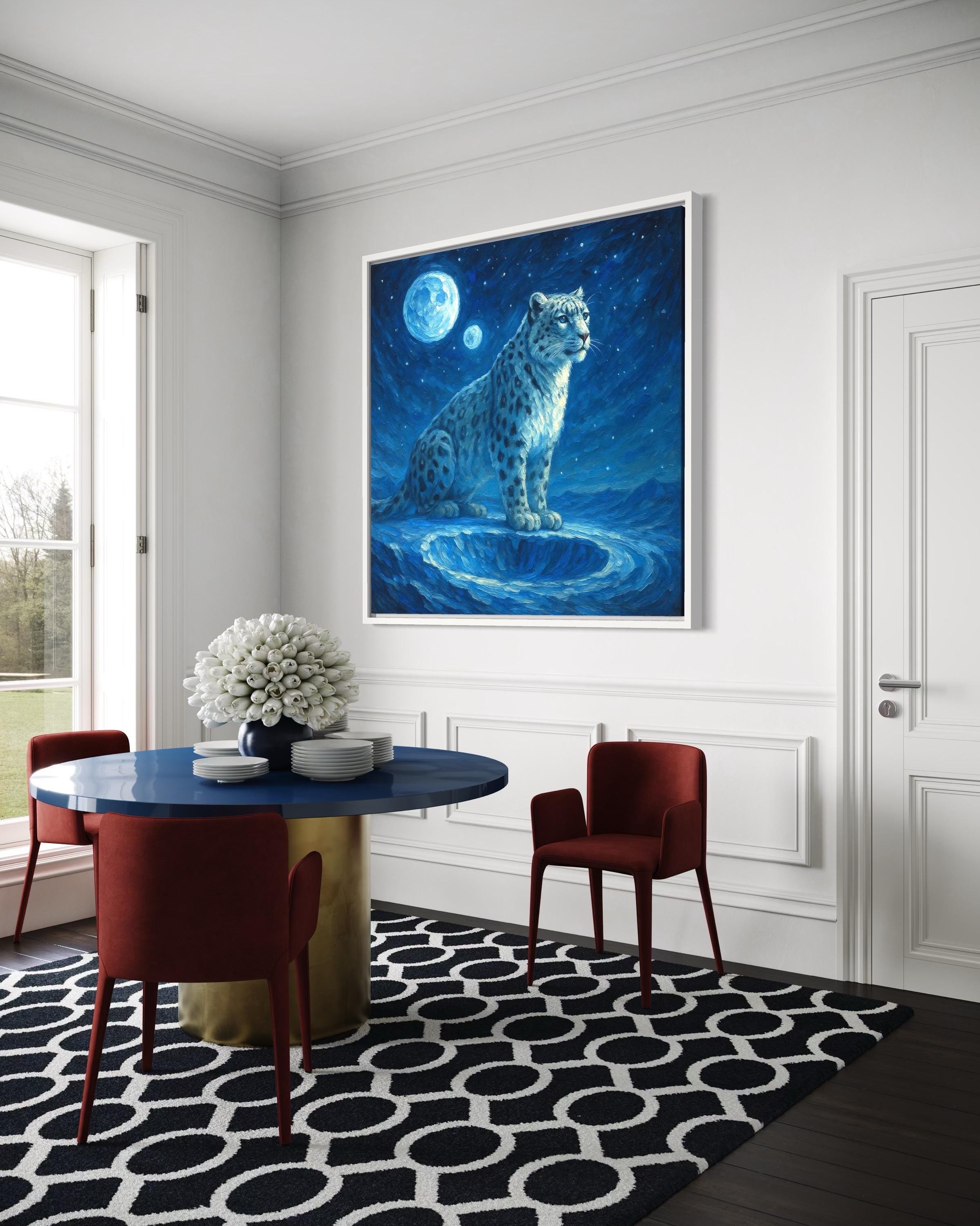A snow leopard sits on a blue ledge beneath a glowing moon and starry night sky detail view