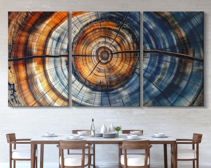 Abstract Tree Ring Canvas Print - Blue Orange Wood Grain Wall Art & Modern Rustic Painting, Large Wood Slice Decor, Navy Copper Artwork